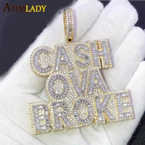 Men Boy Cash Ova Broke Pendant Necklace Hiphop Rock Iced Out Bling 5A Zircon Silver Color Gold Plated Cz Tennis Chain Jewelry