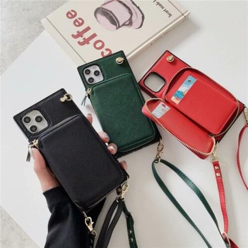 Luxury Zipper Wallet Square Case For iPhone 11 12 Pro Max X XS XR Mini 6S 7 8 Plus SE 2020 Leather Strap Cord Card Holder Cover