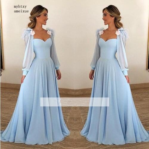 Sky Blue Muslim Evening Dresses 2020 Sexy Sweetheart Long Sleeves Chiffon Islamic Dubai Saudi Arabic Long Evening Gown Prom