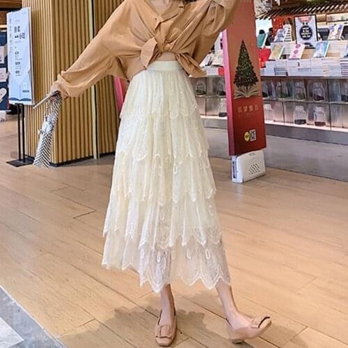 Women Skirt Summer Autumn A-Line Lace High Waist Pleated Skirt Evening Night Long Skirt White Black mujer faldas 2020