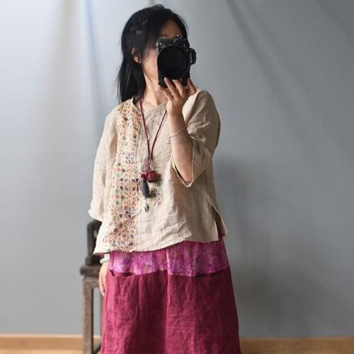 Women Ramie Patchwork T-shirt Tees Shirt Ladies Loose Spliced Ramie Tops Female 2020 Summer Shirts