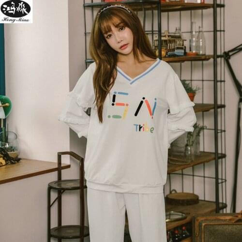 Women Long Pajamas Sets 2019 New Autum Cute Printed Pyjamas Suits Girls V-neck Long Sleeve Casual Sleepwear Home Clothes