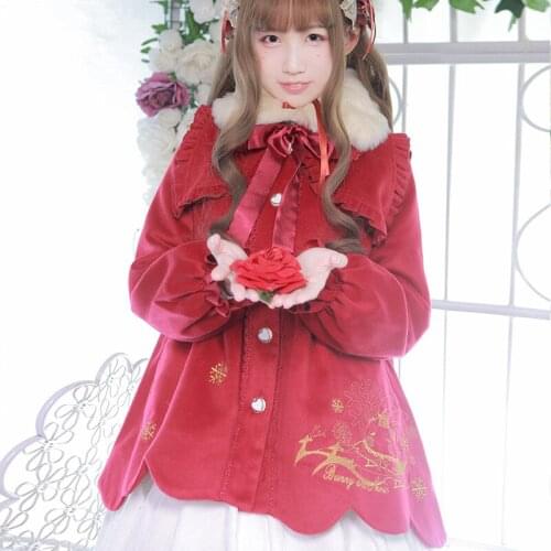 Snow Rabbit Embroidery Cute Girls Winter Wave Cut Hem Coat Kawaii Lolita Outwear Womens Coats Beige, Red, Black