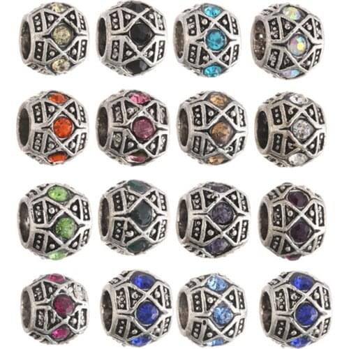 10pcs 10mm Tibetan Silver Crystal Metal Charms Loose Big Hole Beads