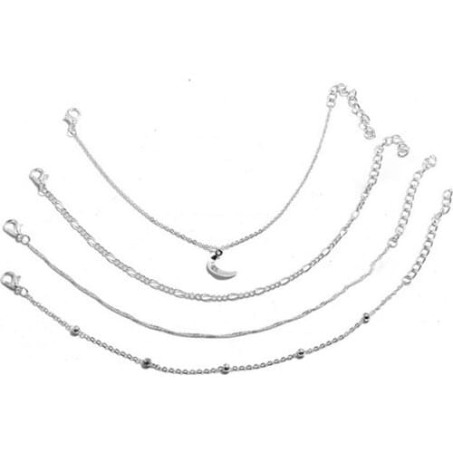 4PCS Bohemian Beaded Ankle Bracelets Set Multilayer Star Moon Pendant Charm Chain Bracelets Women Anklet Foot Jewelry Gift