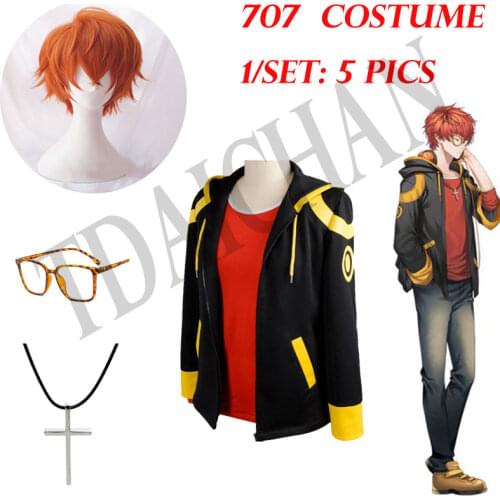 707 Cosplay Costume Mystic Messenger Cosplay Zipper Jacket Luciel Seven Hoodie Orange Wig Leopard Glasses Cross Necklace