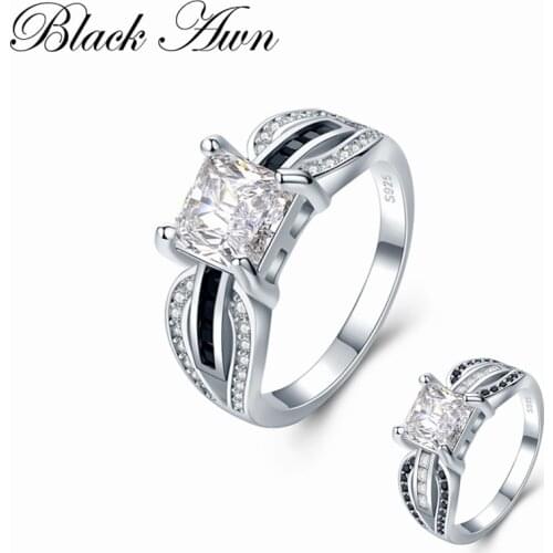 [BLACK AWN] Trendy 4.6g 925 Sterling Silver Jewelry Black Spinel Square Wedding Rings for Women Bijoux C489