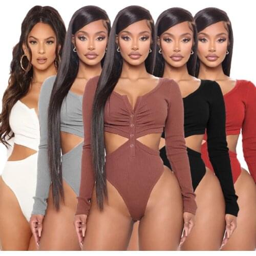 Bodysuit Women Knitted Long Sleeves Show Waist v Neck Button Tracksuit Slim Autumn Winter Overalls For Women Tops Clothing