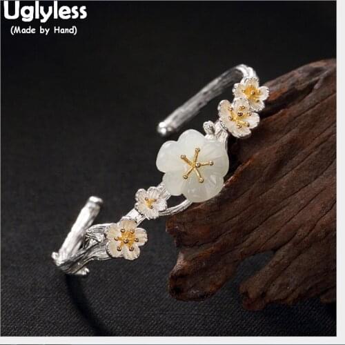 Uglyless 100% Real 925 Sterling Silver Natural Jade Plum Blossom Bangles for Women Handmade Floral Open Bangle Ethnic Fine Jewel