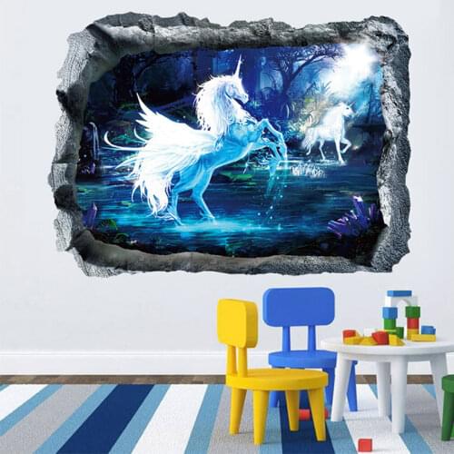 Home decor Wall Stickers 3D Magic Unicorn Cartoon Kids Gilrs Bedroom Living RoomRemovable Waterproof Self Adhesive PCV Poster