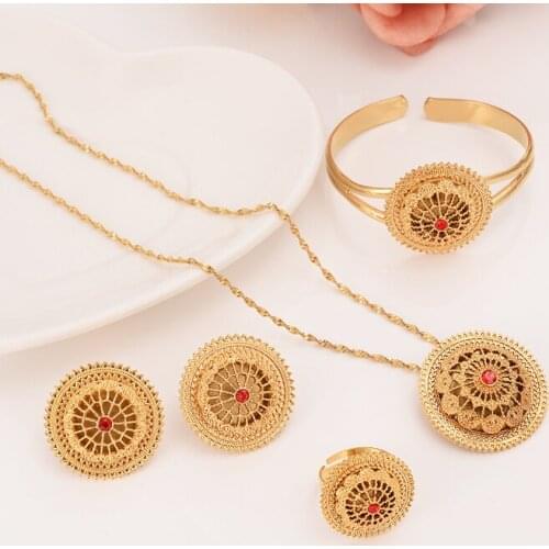 Habesha Set Ethiopia Style Necklace Earrings Ring bangle Gold Color Jewelry Sudan women girls cz red cystal bridal Wedding Gift