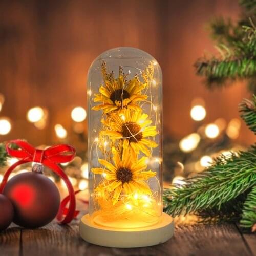Artificial Eternal Sunflower Beauty And Beast Rose In Glass Cover LED Night Light For Home Decor Mother Valentines Day New Yea