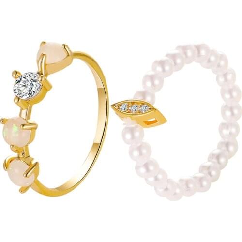 2 Pcs/Set Women Fashion Crystal Gem Imitation Pearls Minimalis Rings Set Sweet Geometric Rings for Women Jewelry Gifts