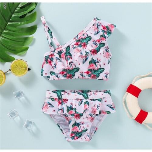 Girls Swimsuit Childrens Ruffled Flamingo Printed One Shoulder Straps Tops Shorts Swimwear Kids Bikinis Set