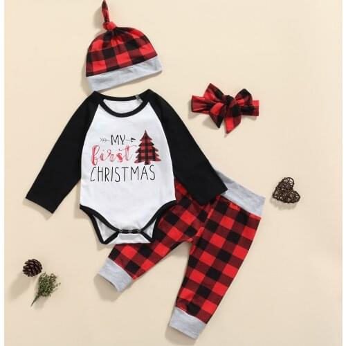 Ma&Baby 0-18M My 1st Christmas Baby Clothes Set Newborn Infant Boy Girl Letter Romper Plaid Pants Hat Headband Xmas Outfits DD40