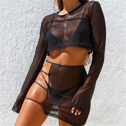 New Summer Fashion Lady Suits Evening Party Ladies Clothing Women Sexy Hollow Out Fishing Net Sets Transparent Long Sleeve Skirt