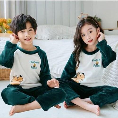 New Girls Pajamas Warm Thicken Autumn Winter Flannel Sleepwear Children Coral Fleece Cartoon Pijamas For Boys Kids Nightwear