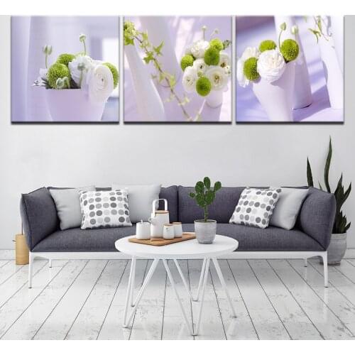 Free shipping White and green flowers modern Modular 3 panel wall Poster Nordic Canvas painting for Living Room Home Decor