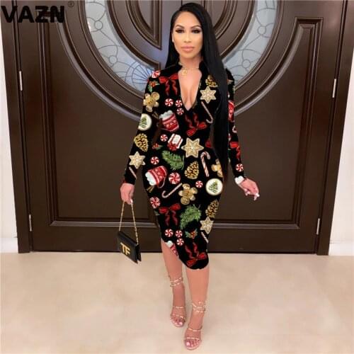 VAZN Elegant Women Special Chic Ladies Slim Sexy Slim Young Dress 2020 Full Sleeve V-neck Lady Maxi Dress