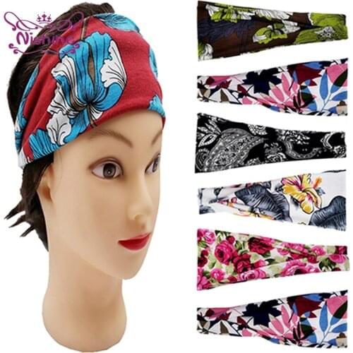 Nishine 24*10 CM Women Fashion Flowers Pattern Elastic Wide Headband Sweat-wicking Breathable Print Hairband Sports Headwear