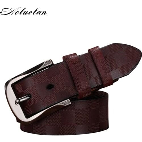 Aoluolan Leather Belt for Men Fashion Plaid Belt Design High Quality Cowhide Embossed Trendy Business Belt