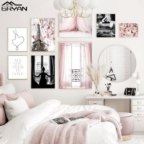 Pink Dress Girl Flower Paris Tower Poster Black White Marilyn Monroe Canvas Prints Lovers Kiss Line Painting Women Art Picture
