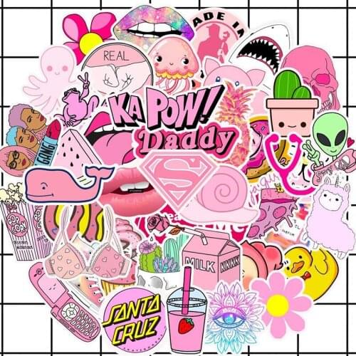DIY 50Pcs PVC Waterproof Girls Pink Fun Sticker Toys Luggage Stickers for Motor Car & Suitcase Fashion Laptop Decals Stickers