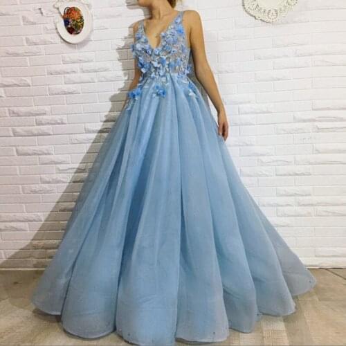 Blue Muslim Evening Dresses A-line V-neck Tulle Flowers Beaded Formal Islamic Dubai Saudi Arabic Long Elegant Evening Gown