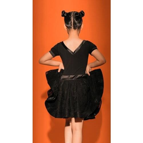 Latin Dance Competition Dress For Kids Short Sleeve Lace Skirt Girls Rumba Practice Clothes Tango Samba Salsa Dancewear VO1208
