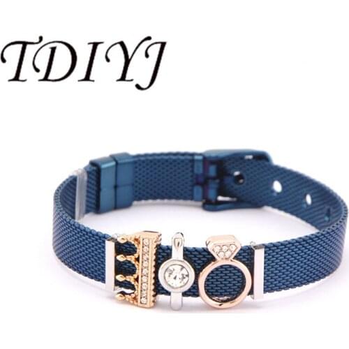 TDIYJ Princess Queen Crown Love Charms Stainless Steel Mesh Blue Bracelet Women Men Gift 1Set