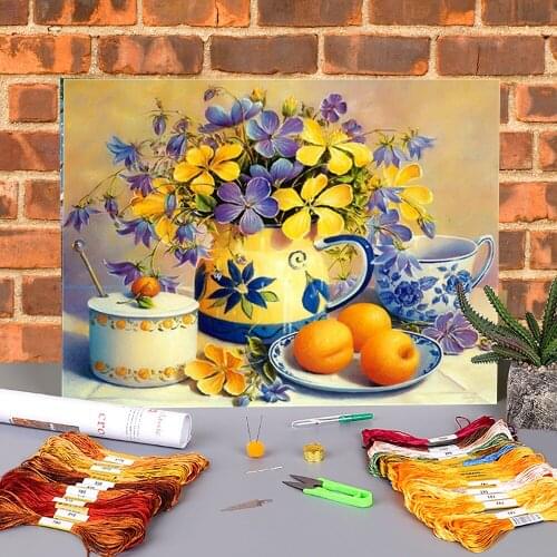 Fruit Flower Art Printed Fabric 11CT Cross-Stitch Patterns DIY Embroidery DMC Threads Sewing Handicraft Handmade Hobby Needle