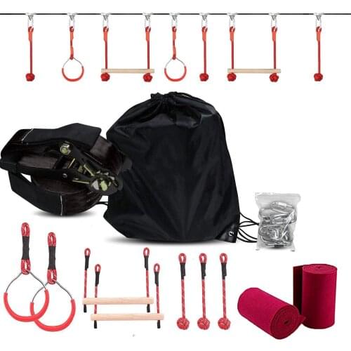 Climbing Rope Hanging Obstacle Course Slackline Kit Backyard Ninja Accessories for Kids - 2 Bars, 3 Fists & 2Rings