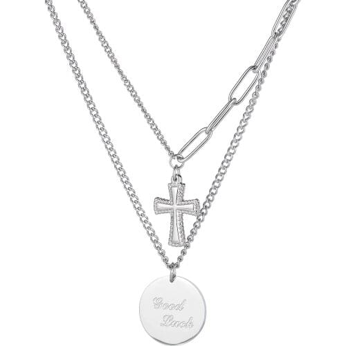 Vintage Cross Round Pendant Necklace For Women Punk Stainless Steel Asymmetry Layered Chain Pastel Goth Hip Hop Jewelry Necklace