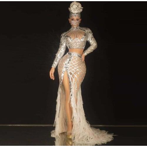 Flashing Sequin Stone Mesh Fringe Long Dresses for Women Birthday Celebrate Prom Outfit Women Concert Dancer Show Stage Wear