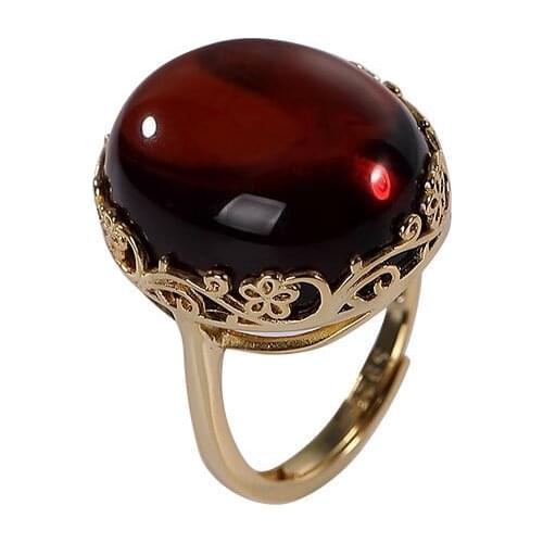 S925 sterling silver gold-plated natural amber blood amber ring vintage hollow plum egg surface ladies ring