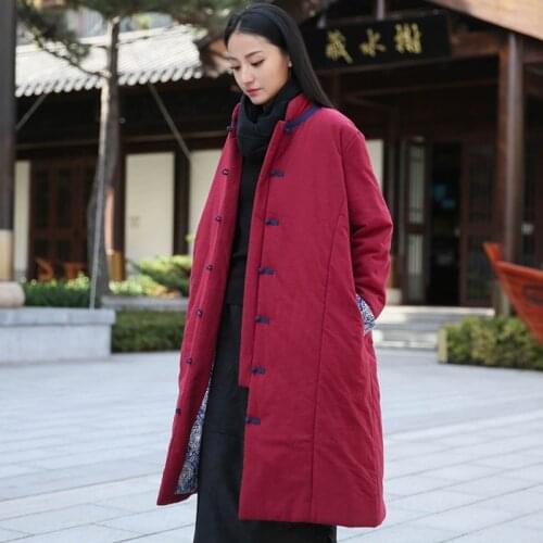 Aransue Winter New Retro Literature Coat Chinese Style Overcoat Plate Button Middle Long Cotton Padded Jacket