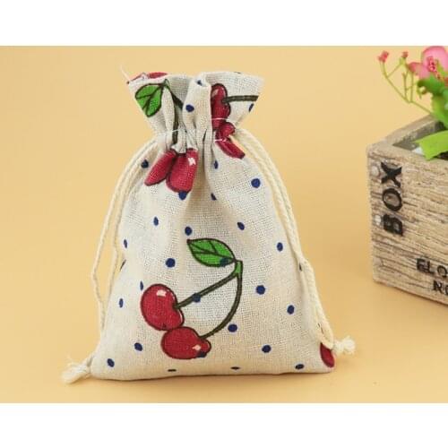 50pcs/lot 10*14cm Cherry Design Cotton Bag Drawstring Gift Bag Incense Storage Linen Bag Charms Jewelry Packaging Bag & Pouches