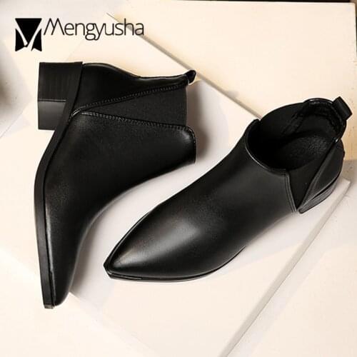 Pointed Toe Chelsea Boots Woman Short Ankle Botines Solid Leather Goth Botas Women Stretch Snow Motorcycle Booties Winter Shoe