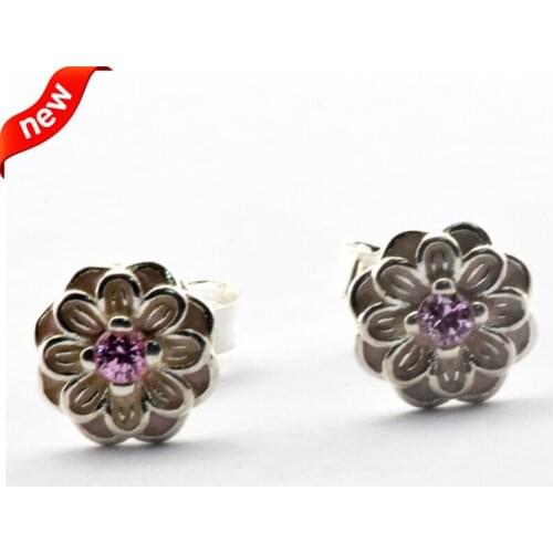 CKK Blooming Dahlia, Cream Enamel & Blush Pink Crystals Stud Earrings 925 Sterling Silver Original Jewelry