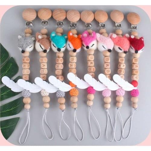 Baby Wood Pacifier Clip Cartoon Animal Teething Pacifier Chain Silicone Feather Infants Teether Soother Dummy Holder Molar Toys