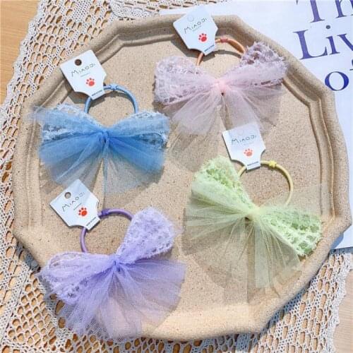 Childrens Lace Mesh Bow Elastic Hair Bands Girls Hair Ring Head Rope Scrunchie Ponytail Butterfly Hair Accessories Headdress