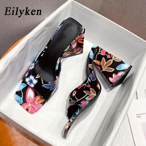 Eilyken New Strange High Heels Women Mules Summer Square Toe Colorful Ladies Shoes Woman Slippers Sexy Party Slides