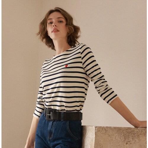 Heart Embroidered Striped Tshirts Round collar Elegant Long Sleeve Cotton T shirt Buttons Casual Chic Tops Hauts Retro Navy