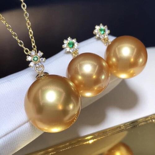 D421 Pearl Set Fine Jewelry Solid 18K Gold Almost Round 9-12mm Natural Ocean Sea Water Golden Pearls Jewelry Sets for Women
