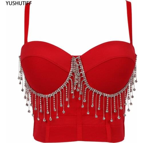 2021 Short Sexy Tassel Spaghetti Strap Beading Rhinestone Top Top For Performance Nightclub Party Crop Tank Top Built In Bra