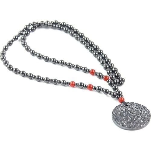 Magnetic Hematite Beaded Round Pendant Necklace Fashion Long Necklace with Red Onyx for Men and Women Handmade