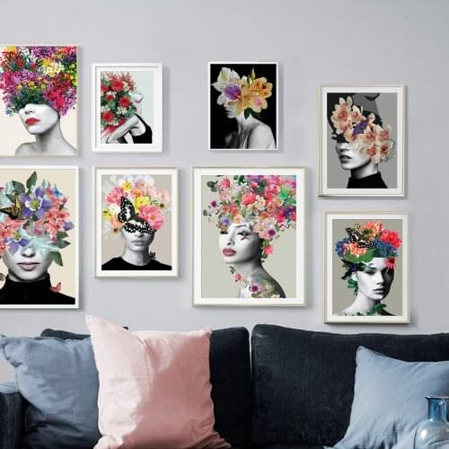 Fashion Girl Wild Flower Butterfly Wall Art Canvas Painting Nordic Posters And Prints Wall Pictures For Living Room Salon Decor