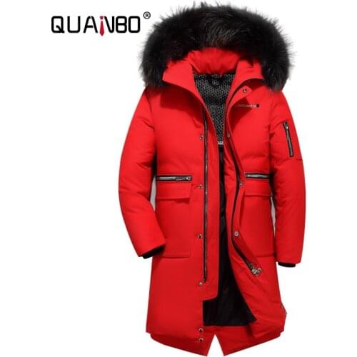 QUANBO Mens and Womens Thick Warm Jacket 2019 New 90% Long Winter Down Jacket With Fur Hood Male Casual Parkas Black Red 5XL