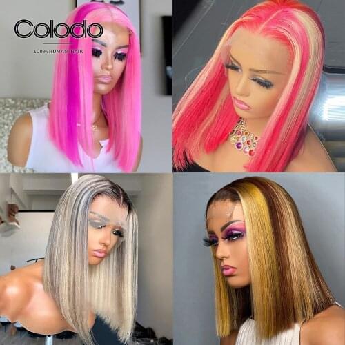 Pre Plucked Piano Color Pink Highlight Wig Brazilian Remy Short Bob Wig Lace Front Human Hair Wigs with Baby Hair COLODO