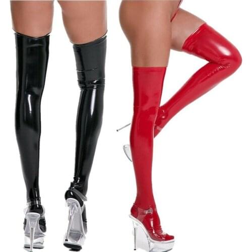 Night Club Sexy Latex Stockings Faux Leather Stockings Hold Up Womens Stockings Plus Size Pole Dance Lingerie Thigh Highs Socks